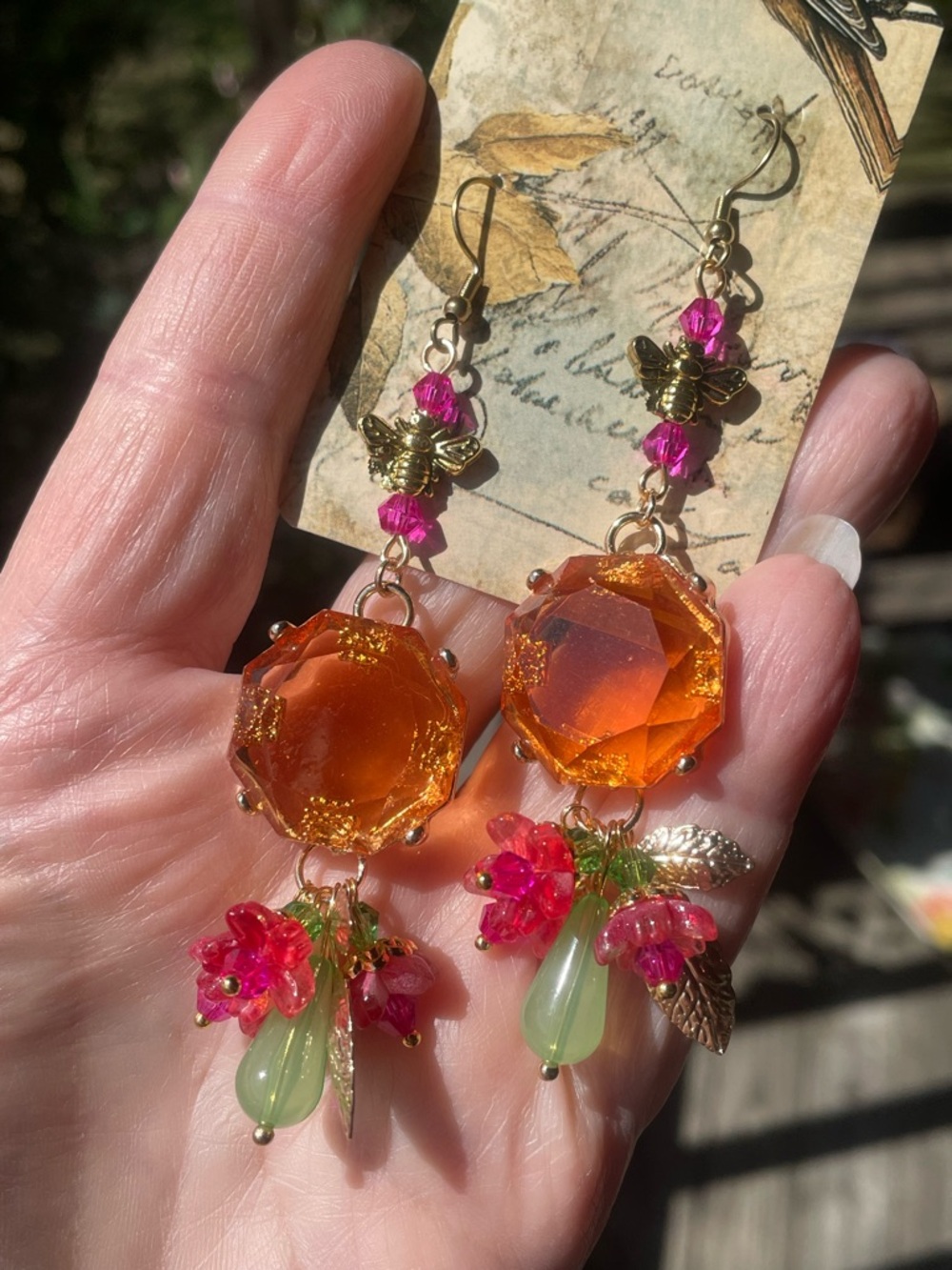 Gold Bee Drop Earrings with Orange Crystal and Pink-Green Accents - Picture 10 of 11